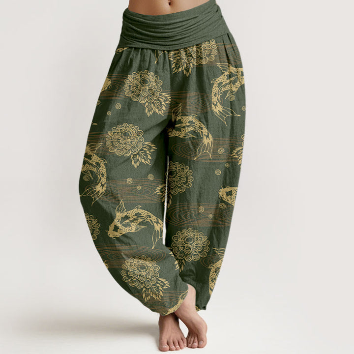 Buddha Stones, Baumwollstoff, exquisites Koi-Fisch-, Blumen- und Blättermuster, geschwungene Haremshose für Damen mit elastischem Bund - Olivgrün - US16, UK/AU20, EU48 (3XL) - image 5