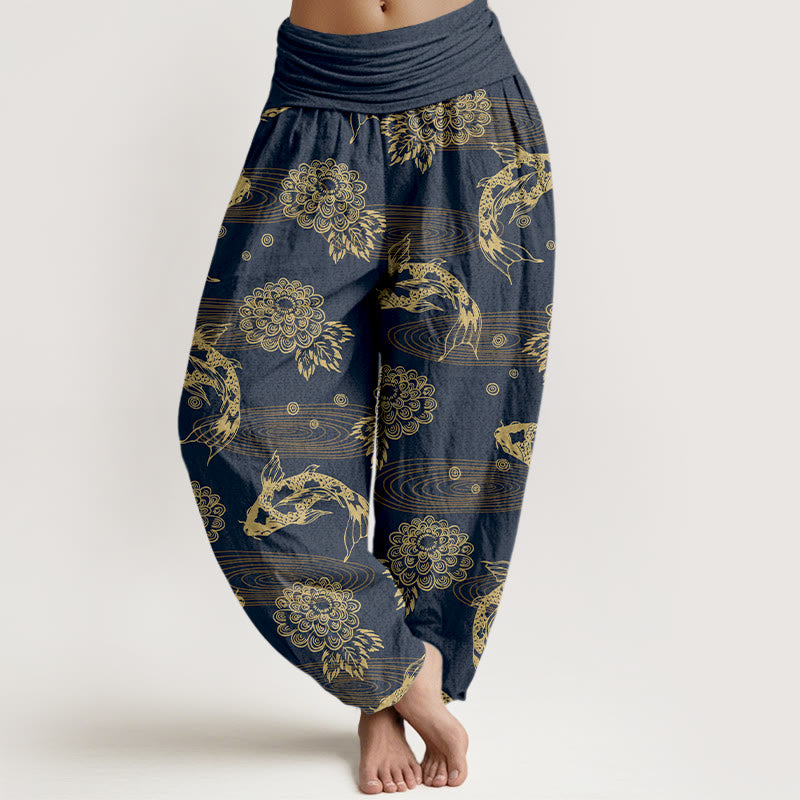 Buddha Stones, Baumwollstoff, exquisites Koi-Fisch-, Blumen- und Blättermuster, geschwungene Haremshose für Damen mit elastischem Bund - Dunkelschieferblau - US16, UK/AU20, EU48 (3XL) - image 8