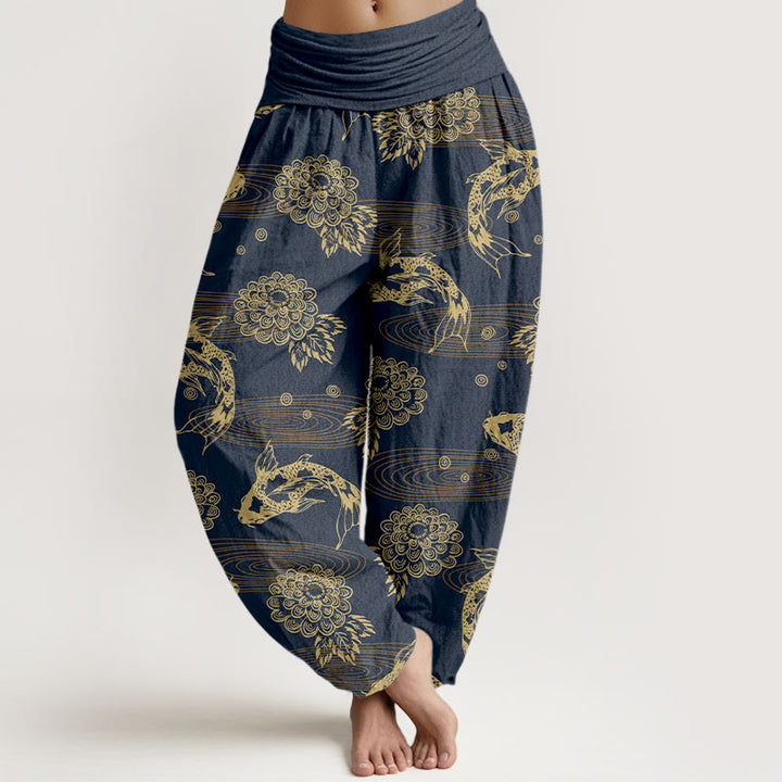 Buddha Stones, Baumwollstoff, exquisites Koi-Fisch-, Blumen- und Blättermuster, geschwungene Haremshose für Damen mit elastischem Bund - Dunkelschieferblau - US16, UK/AU20, EU48 (3XL) - image 8