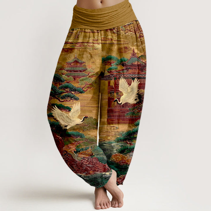 Buddha Stones, Baumwollstoff, exquisites Kranich-Architektur-, Kiefern- und Wolkenmuster, Damen-Haremshose mit elastischem Bund - Dunkelgoldenrod - US16, UK/AU20, EU48 (3XL) - image 8