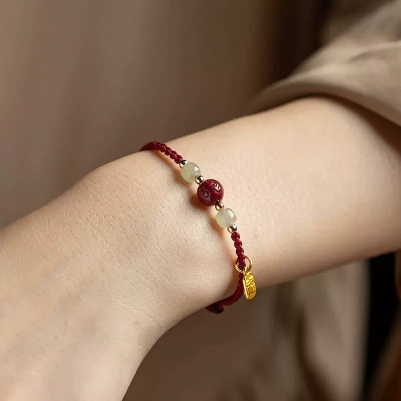 Buddha Stones ​​Fu-Zeichen Hetian Jade-Perle Om Mani Padme Hum Zinnoberrote Schnur Wohlstandsarmband - image 3