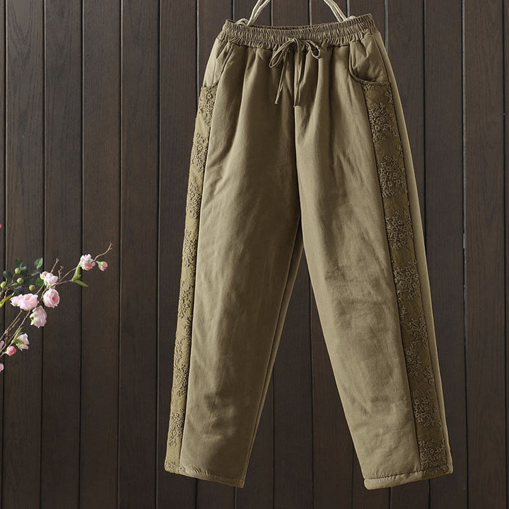 Dicke Damenhose mit Taschen , Buddha Stones -Blumenmuster, Baumwoll-Polyester-Stickerei - Dunkelkhaki - US8-10, UK/AU12-14, EU40-42 (2XL) - image 6