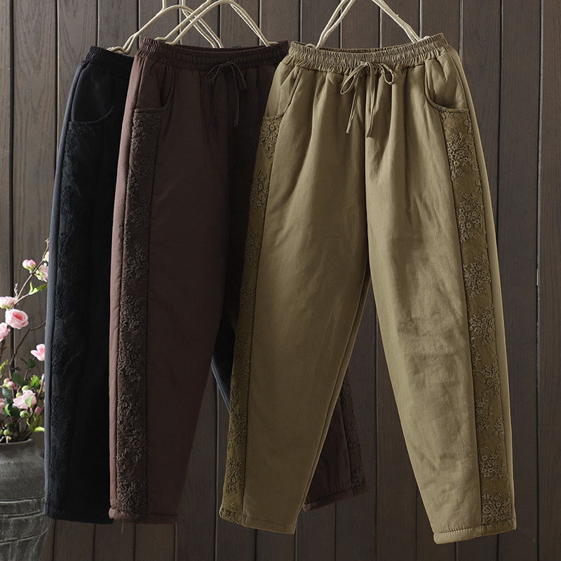 Dicke Damenhose mit Taschen , Buddha Stones -Blumenmuster, Baumwoll-Polyester-Stickerei - image 0