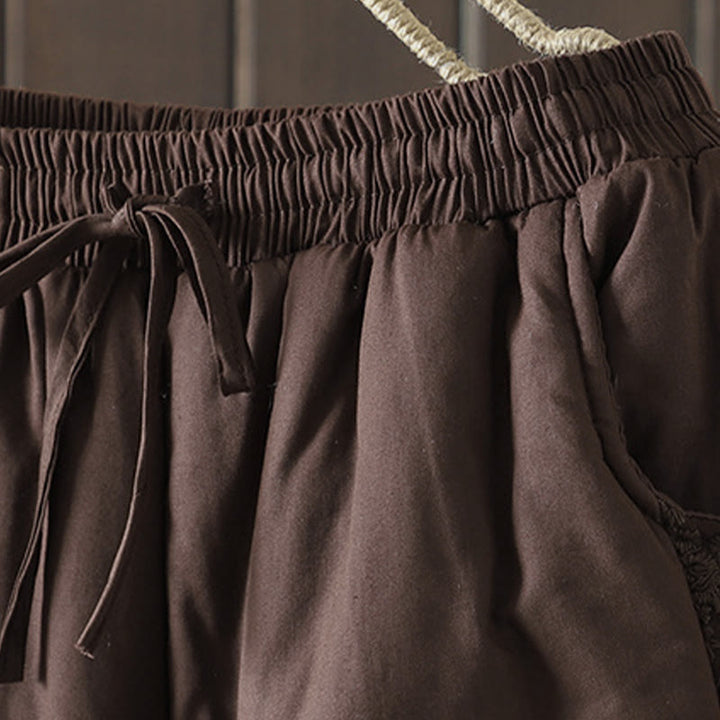 Dicke Damenhose mit Taschen , Buddha Stones -Blumenmuster, Baumwoll-Polyester-Stickerei - image 3