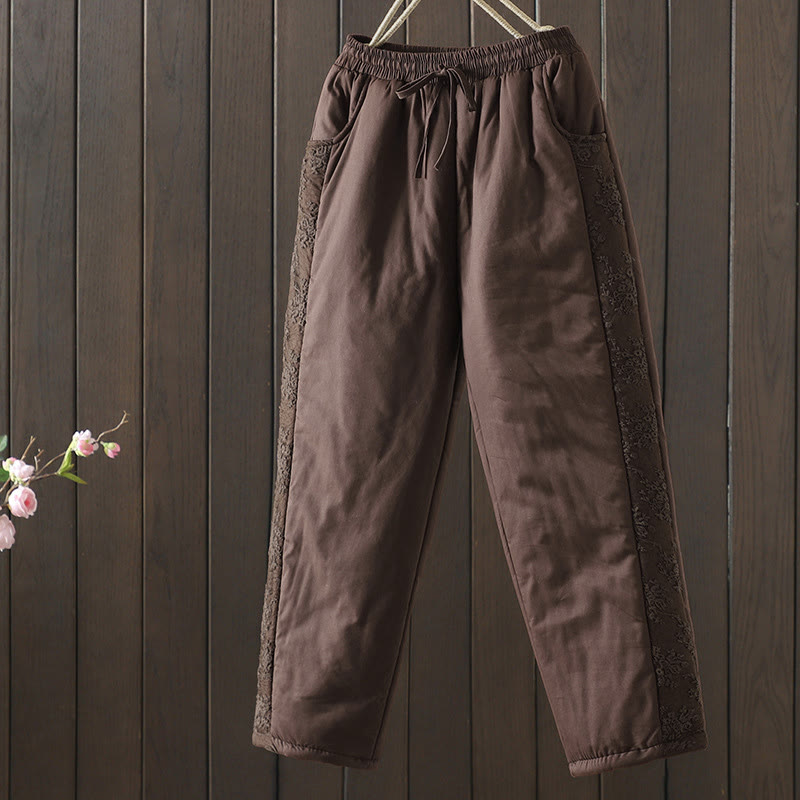 Dicke Damenhose mit Taschen , Buddha Stones -Blumenmuster, Baumwoll-Polyester-Stickerei - Sattelbraun - US8-10, UK/AU12-14, EU40-42 (2XL) - image 1