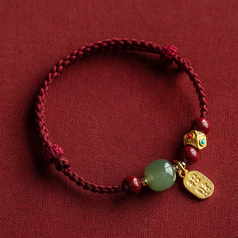 Buddha Stones, Glücksbringer, Hetian-Jade, Cyan-Jade, Weiß-Jade, mehrfarbiges geflochtenes Armband - Roter Faden & Hetian Cyan Jade - 17-18 cm - image 0