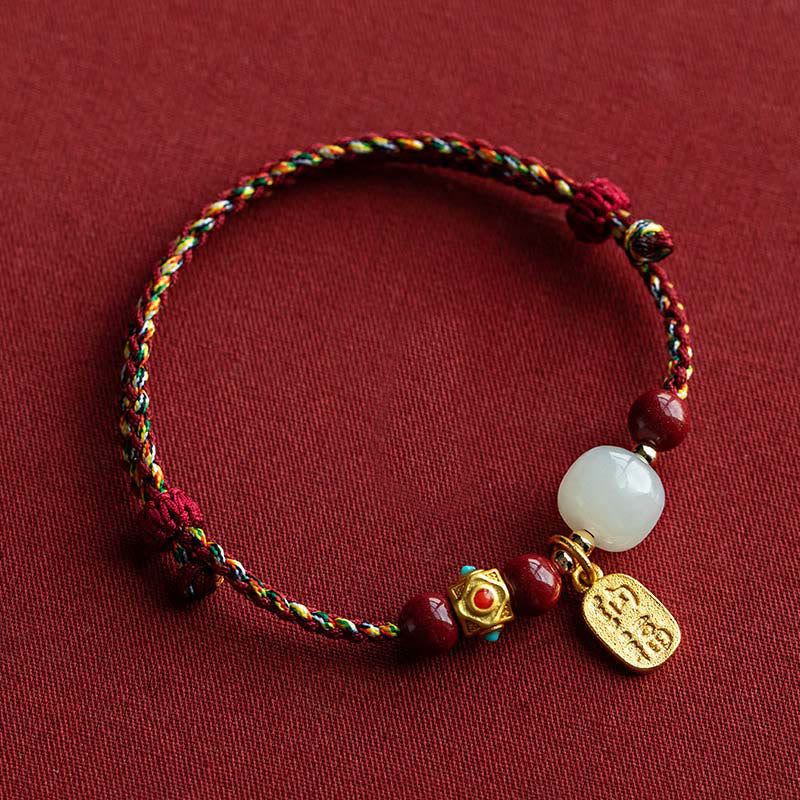 Buddha Stones, Glücksbringer, Hetian-Jade, Cyan-Jade, Weiß-Jade, mehrfarbiges geflochtenes Armband - Fünffarbige Schnur & Hetian-Weißjade - 17-18 cm - image 18