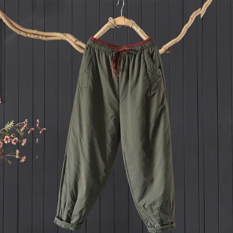 Buddha Stones Einfarbige Damenhose aus dickem Baumwoll-Polyester-Mischgewebe mit Taschen, Material: Baumwoll-Polyester, Materialmix mit Farbblockmuster - Dunkelolivgrün - US12, UK/AU16, EU44 (3XL) - image 0