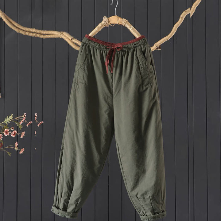 Buddha Stones Einfarbige Damenhose aus dickem Baumwoll-Polyester-Mischgewebe mit Taschen, Material: Baumwoll-Polyester, Materialmix mit Farbblockmuster - Dunkelolivgrün - US12, UK/AU16, EU44 (3XL) - image 0