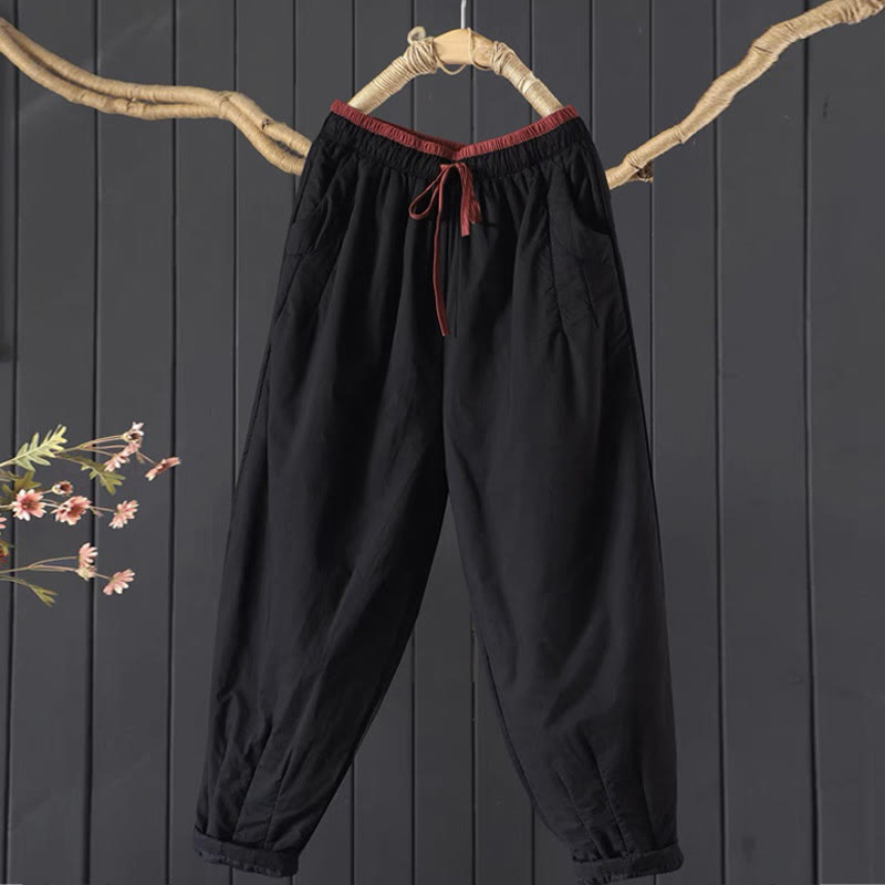 Buddha Stones Einfarbige Damenhose aus dickem Baumwoll-Polyester-Mischgewebe mit Taschen, Material: Baumwoll-Polyester, Materialmix mit Farbblockmuster - Schwarz - US12, UK/AU16, EU44 (3XL) - image 1