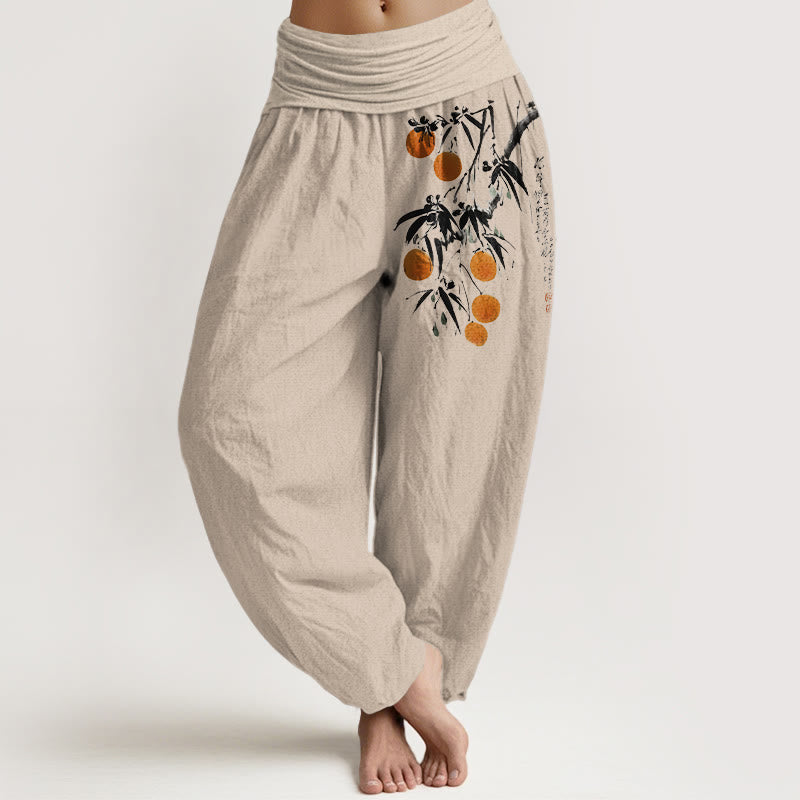 Damen-Haremshose aus reiner Baumwolle mit farbenfrohem Fruchtzweigmuster und Buddha Stones, elastischem Bund - Bräunen - US16, UK/AU20, EU48 (3XL) - image 0