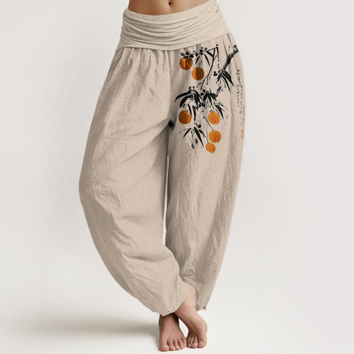 Damen-Haremshose aus reiner Baumwolle mit farbenfrohem Fruchtzweigmuster und Buddha Stones, elastischem Bund - Bräunen - US16, UK/AU20, EU48 (3XL) - image 0