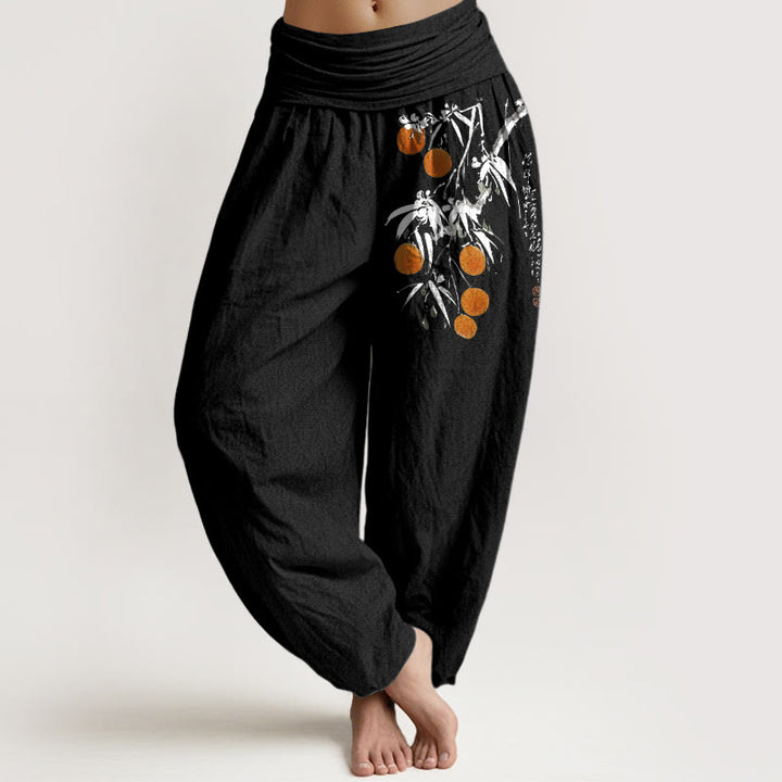 Damen-Haremshose aus reiner Baumwolle mit farbenfrohem Fruchtzweigmuster und Buddha Stones, elastischem Bund - Schwarz - US16, UK/AU20, EU48 (3XL) - image 5