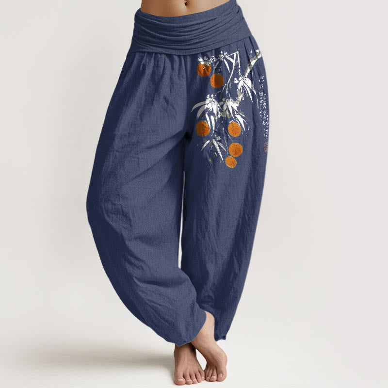 Damen-Haremshose aus reiner Baumwolle mit farbenfrohem Fruchtzweigmuster und Buddha Stones, elastischem Bund - Dunkelschieferblau - US16, UK/AU20, EU48 (3XL) - image 8