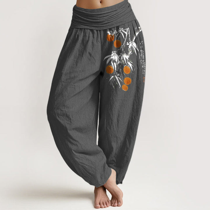 Damen-Haremshose aus reiner Baumwolle mit farbenfrohem Fruchtzweigmuster und Buddha Stones, elastischem Bund - DimGray - US16, UK/AU20, EU48 (3XL) - image 11