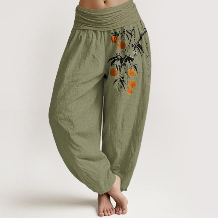 Damen-Haremshose aus reiner Baumwolle mit farbenfrohem Fruchtzweigmuster und Buddha Stones, elastischem Bund - Olivgrün - US16, UK/AU20, EU48 (3XL) - image 14