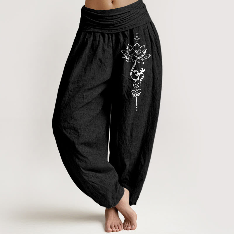 Haremshose aus reiner Baumwolle im minimalistischen Stil mit Buddha Stones, Lotus-Om-Symbolmuster und elastischem Bund. - Schwarz - US16, UK/AU20, EU48 (3XL) - image 0