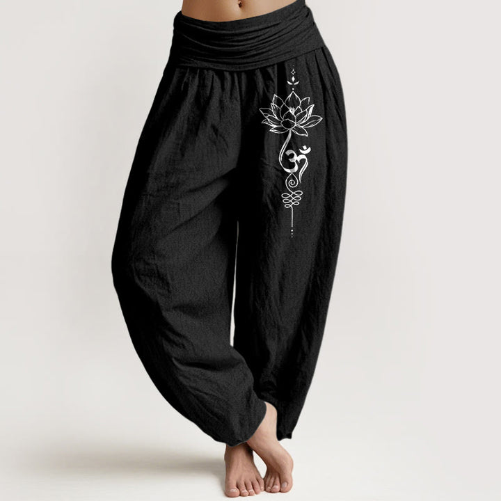 Haremshose aus reiner Baumwolle im minimalistischen Stil mit Buddha Stones, Lotus-Om-Symbolmuster und elastischem Bund. - Schwarz - US16, UK/AU20, EU48 (3XL) - image 0