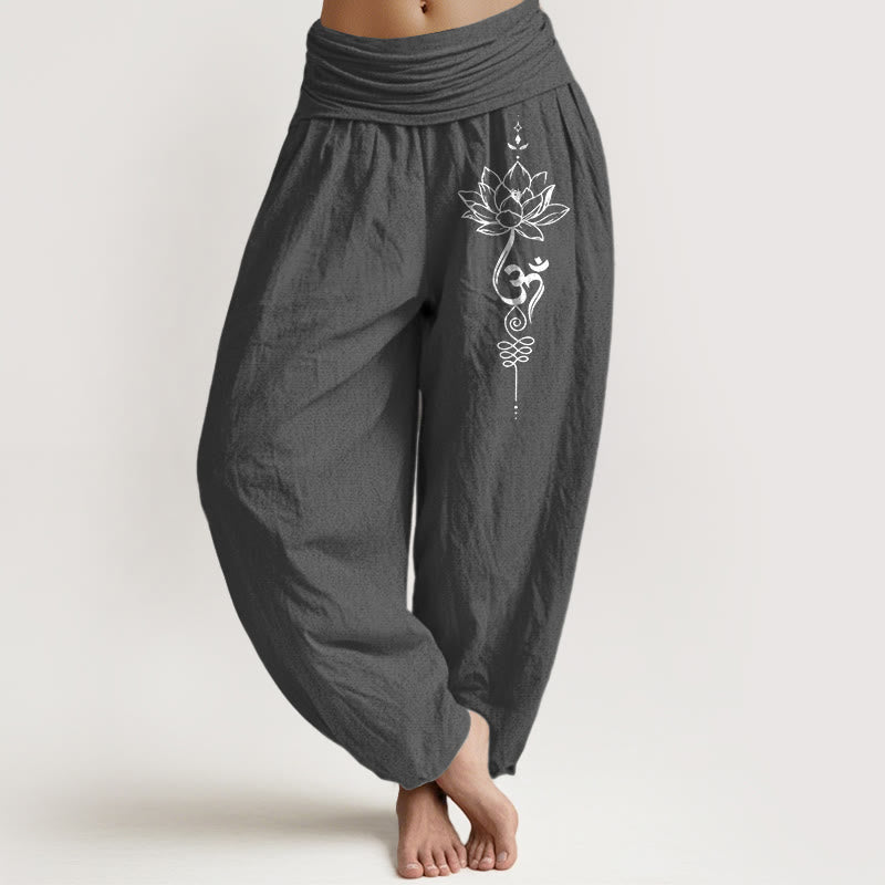 Haremshose aus reiner Baumwolle im minimalistischen Stil mit Buddha Stones, Lotus-Om-Symbolmuster und elastischem Bund. - DimGray - US16, UK/AU20, EU48 (3XL) - image 8