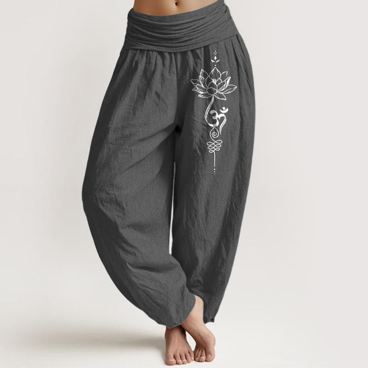 Haremshose aus reiner Baumwolle im minimalistischen Stil mit Buddha Stones, Lotus-Om-Symbolmuster und elastischem Bund. - DimGray - US16, UK/AU20, EU48 (3XL) - image 8