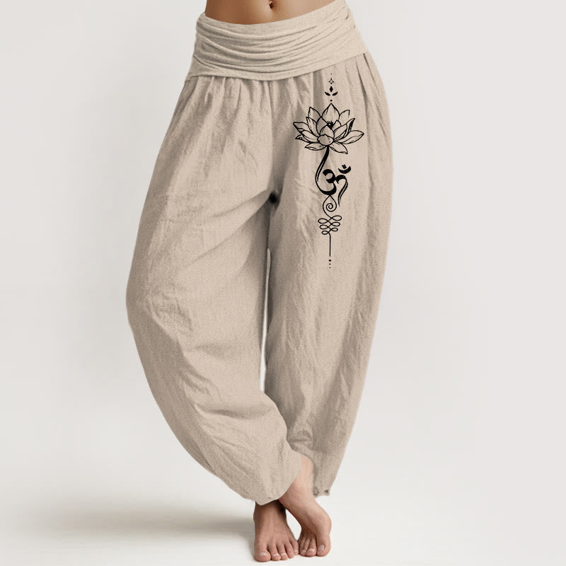Haremshose aus reiner Baumwolle im minimalistischen Stil mit Buddha Stones, Lotus-Om-Symbolmuster und elastischem Bund. - Bräunen - US16, UK/AU20, EU48 (3XL) - image 11
