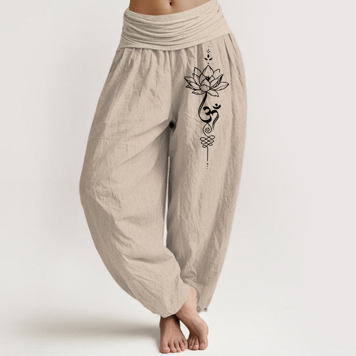 Haremshose aus reiner Baumwolle im minimalistischen Stil mit Buddha Stones, Lotus-Om-Symbolmuster und elastischem Bund. - Bräunen - US16, UK/AU20, EU48 (3XL) - image 11