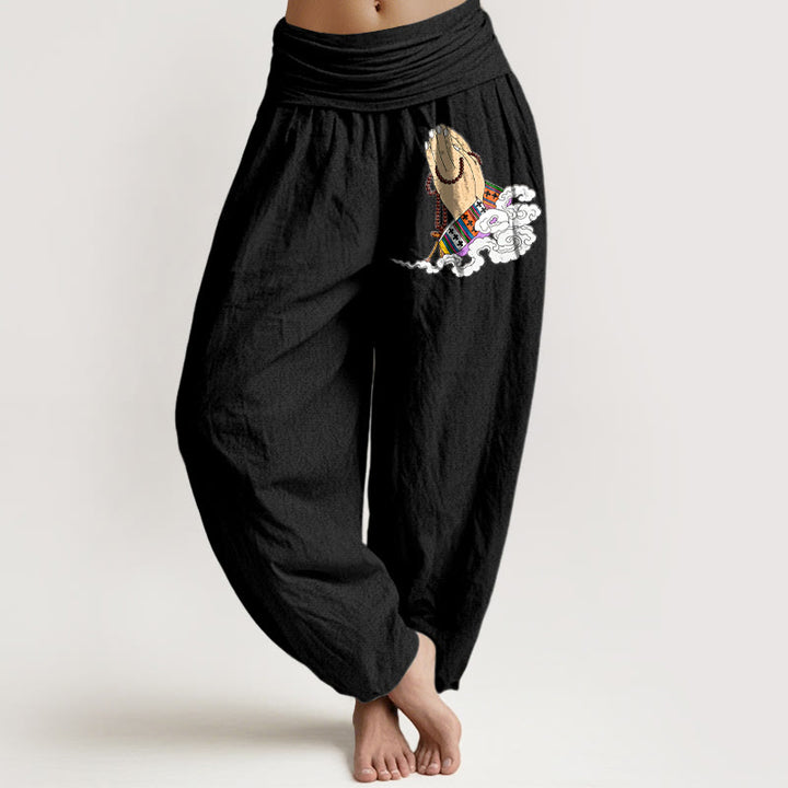 Buddha Stones, reine Baumwolle, schlichtes, lebendiges Muster mit gefalteten Händen, Gebetsperlen und Wolkenmotiv, Damen-Haremshose mit elastischem Bund - Schwarz - US16, UK/AU20, EU48 (3XL) - image 0