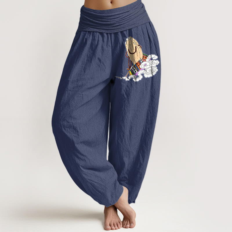Buddha Stones, reine Baumwolle, schlichtes, lebendiges Muster mit gefalteten Händen, Gebetsperlen und Wolkenmotiv, Damen-Haremshose mit elastischem Bund - Dunkelschieferblau - US16, UK/AU20, EU48 (3XL) - image 5