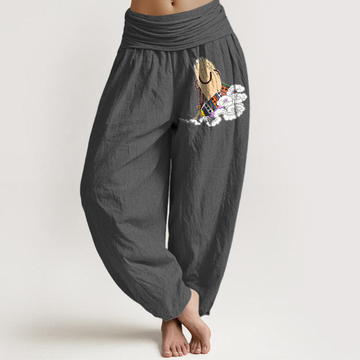 Buddha Stones, reine Baumwolle, schlichtes, lebendiges Muster mit gefalteten Händen, Gebetsperlen und Wolkenmotiv, Damen-Haremshose mit elastischem Bund - DimGray - US16, UK/AU20, EU48 (3XL) - image 8