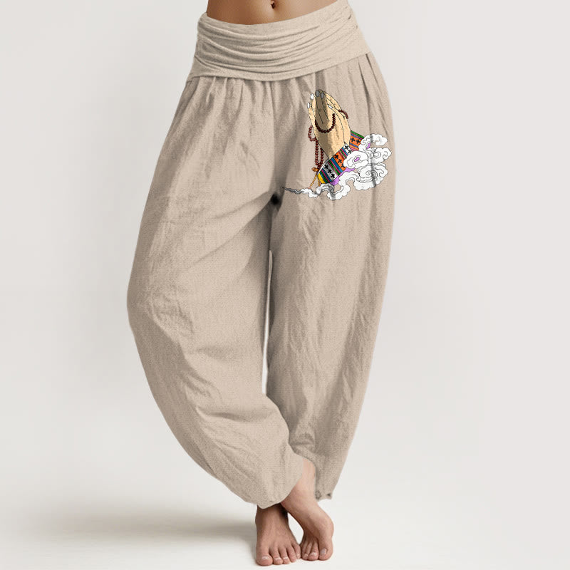Buddha Stones, reine Baumwolle, schlichtes, lebendiges Muster mit gefalteten Händen, Gebetsperlen und Wolkenmotiv, Damen-Haremshose mit elastischem Bund - Bräunen - US16, UK/AU20, EU48 (3XL) - image 11