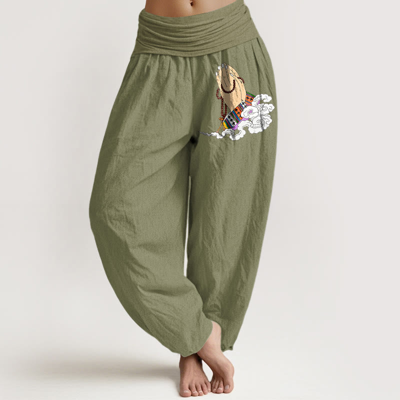 Buddha Stones, reine Baumwolle, schlichtes, lebendiges Muster mit gefalteten Händen, Gebetsperlen und Wolkenmotiv, Damen-Haremshose mit elastischem Bund - Olivgrün - US16, UK/AU20, EU48 (3XL) - image 14