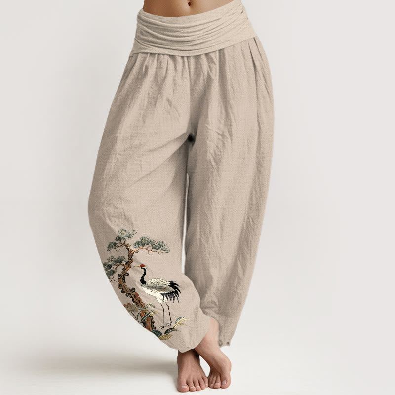 Damen-Haremshose aus reiner Baumwolle mit Buddha Stones, Kranich-, Kiefern-, Blumen- und Grasmuster sowie elastischem Bund. - Bräunen - US16, UK/AU20, EU48 (3XL) - image 0