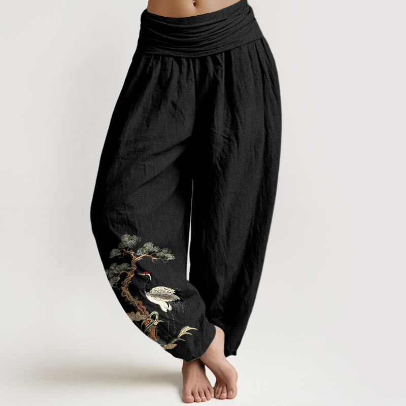 Damen-Haremshose aus reiner Baumwolle mit Buddha Stones, Kranich-, Kiefern-, Blumen- und Grasmuster sowie elastischem Bund. - Schwarz - US16, UK/AU20, EU48 (3XL) - image 5