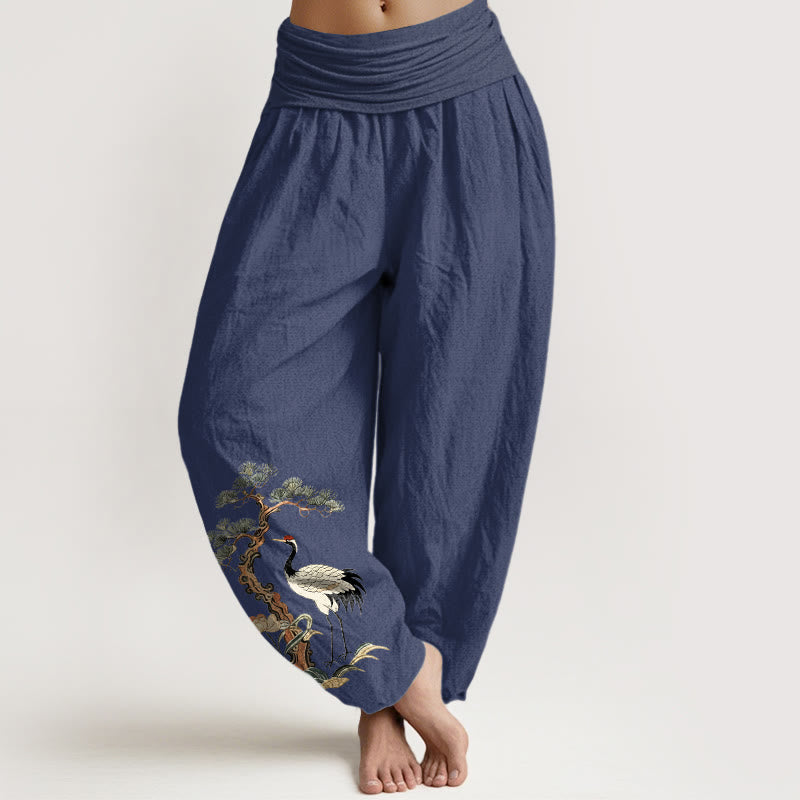 Damen-Haremshose aus reiner Baumwolle mit Buddha Stones, Kranich-, Kiefern-, Blumen- und Grasmuster sowie elastischem Bund. - Dunkelschieferblau - US16, UK/AU20, EU48 (3XL) - image 8