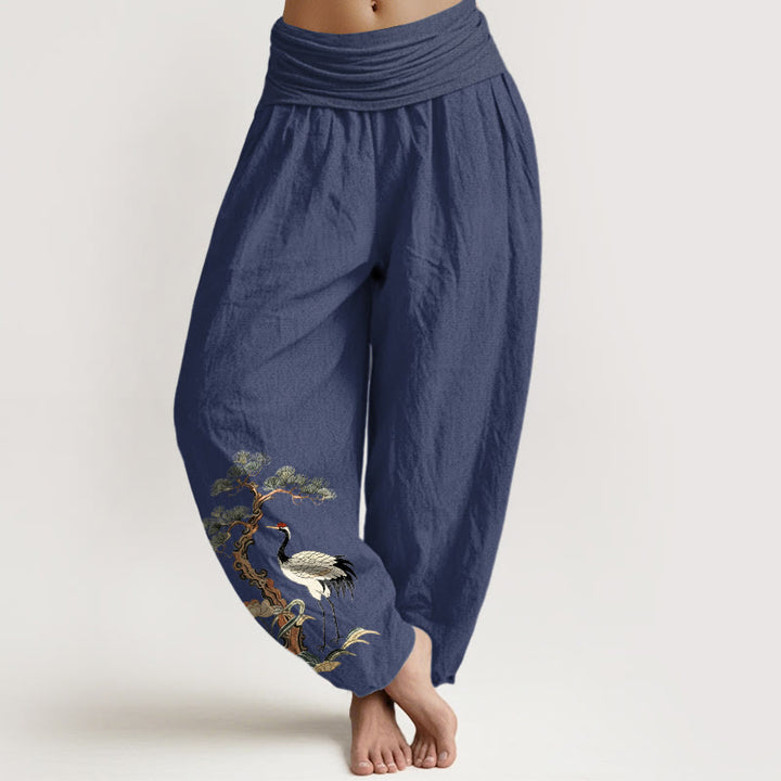 Damen-Haremshose aus reiner Baumwolle mit Buddha Stones, Kranich-, Kiefern-, Blumen- und Grasmuster sowie elastischem Bund. - Dunkelschieferblau - US16, UK/AU20, EU48 (3XL) - image 8