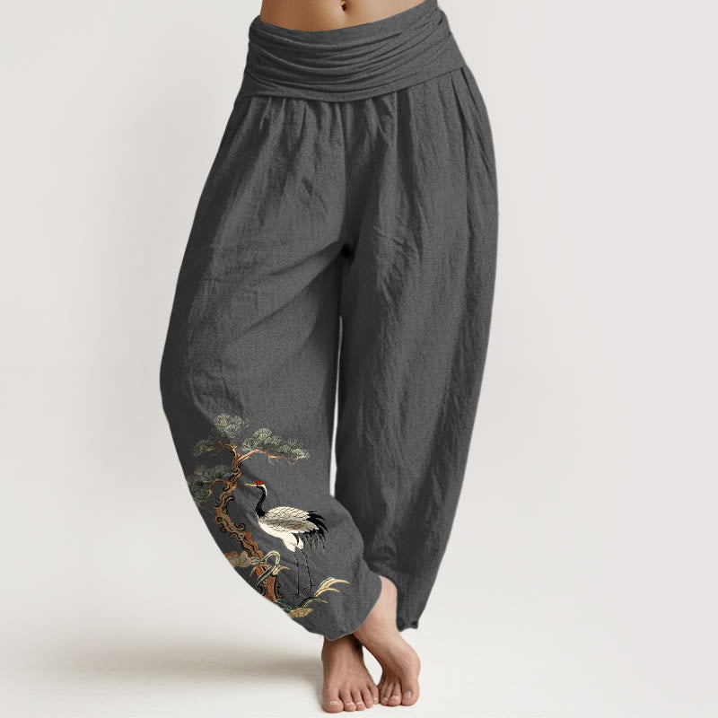 Damen-Haremshose aus reiner Baumwolle mit Buddha Stones, Kranich-, Kiefern-, Blumen- und Grasmuster sowie elastischem Bund. - DimGray - US16, UK/AU20, EU48 (3XL) - image 11