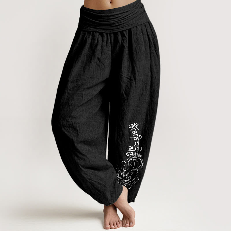 Buddha Stones Haremshose aus reiner Baumwolle mit schlichtem Om Mani Padme Hum Lotus-Muster und elastischem Bund für Damen - Schwarz - US16, UK/AU20, EU48 (3XL) - image 0