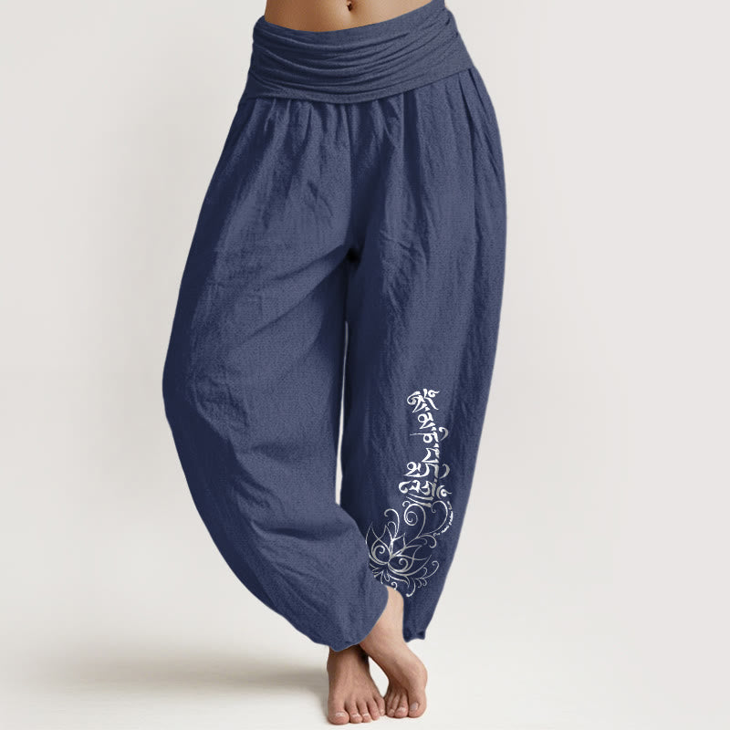 Buddha Stones Haremshose aus reiner Baumwolle mit schlichtem Om Mani Padme Hum Lotus-Muster und elastischem Bund für Damen - Dunkelschieferblau - US16, UK/AU20, EU48 (3XL) - image 5