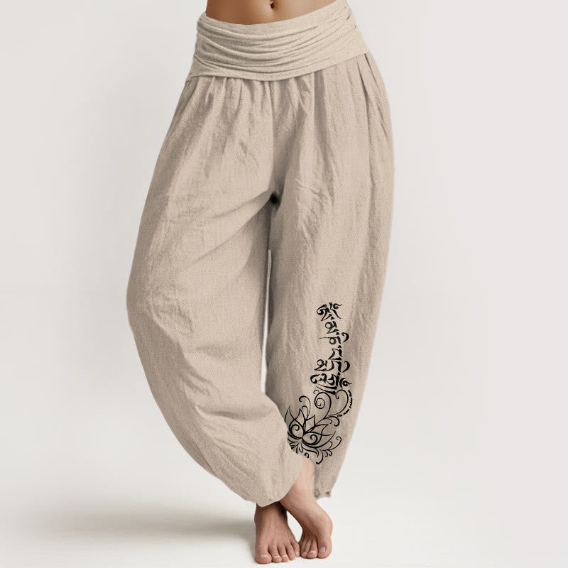 Buddha Stones Haremshose aus reiner Baumwolle mit schlichtem Om Mani Padme Hum Lotus-Muster und elastischem Bund für Damen - Bräunen - US16, UK/AU20, EU48 (3XL) - image 11