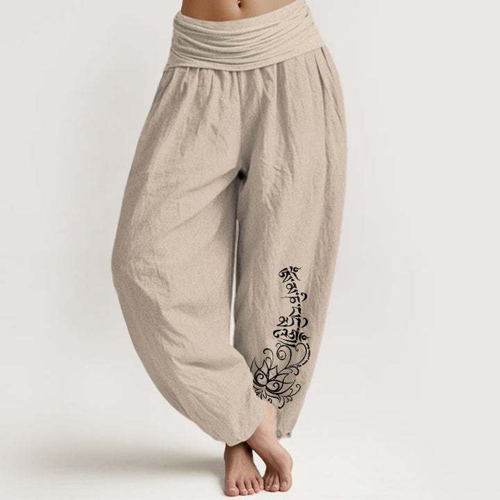 Buddha Stones Haremshose aus reiner Baumwolle mit schlichtem Om Mani Padme Hum Lotus-Muster und elastischem Bund für Damen - Bräunen - US16, UK/AU20, EU48 (3XL) - image 11