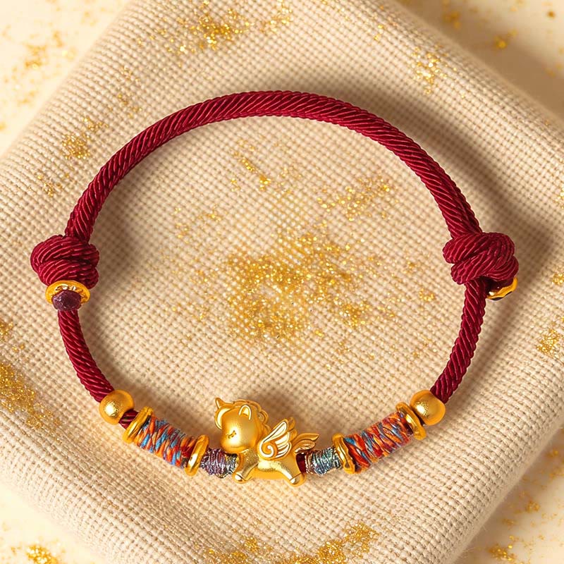 Buddha Stones ​​Jahr des Pferdes Armband aus 999er Sterlingsilber, vergoldet, mit geflochtenem Seil - image 0