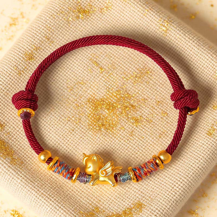 Buddha Stones ​​Jahr des Pferdes Armband aus 999er Sterlingsilber, vergoldet, mit geflochtenem Seil - image 0