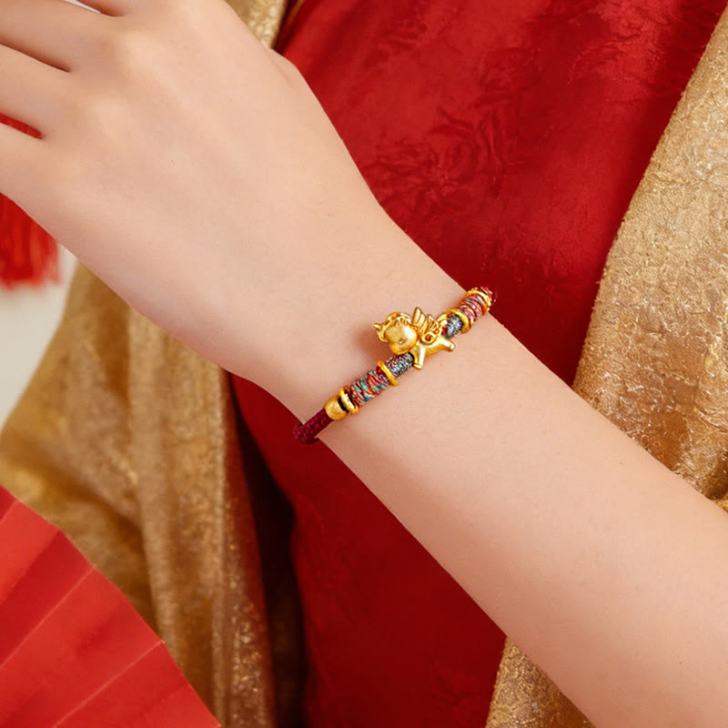 Buddha Stones ​​Jahr des Pferdes Armband aus 999er Sterlingsilber, vergoldet, mit geflochtenem Seil - image 3