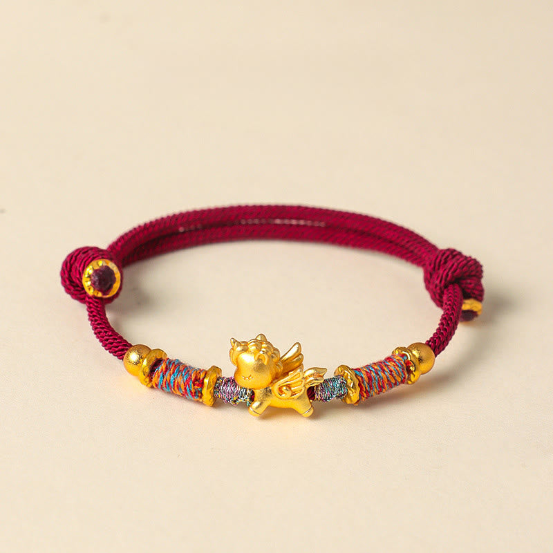 Buddha Stones ​​Jahr des Pferdes Armband aus 999er Sterlingsilber, vergoldet, mit geflochtenem Seil - Dunkelrotes Seil (Handgelenkumfang: 15-18 cm) - image 1