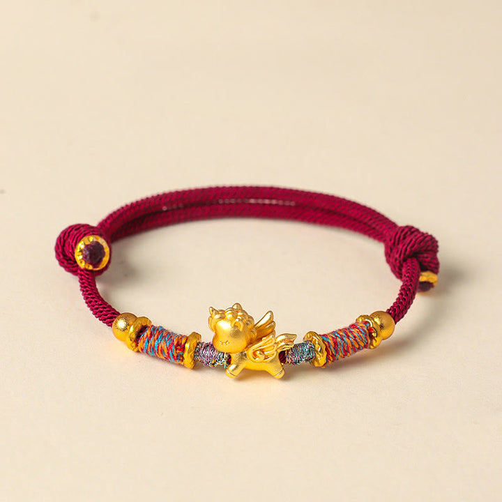 Buddha Stones ​​Jahr des Pferdes Armband aus 999er Sterlingsilber, vergoldet, mit geflochtenem Seil - Dunkelrotes Seil (Handgelenkumfang: 15-18 cm) - image 1