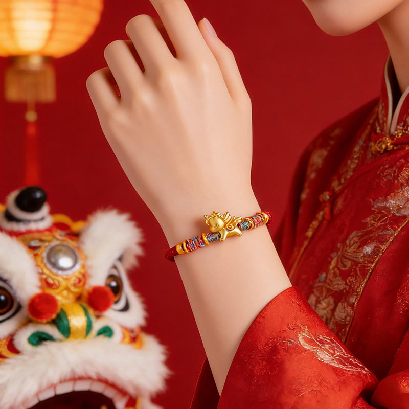 Buddha Stones ​​Jahr des Pferdes Armband aus 999er Sterlingsilber, vergoldet, mit geflochtenem Seil - image 4