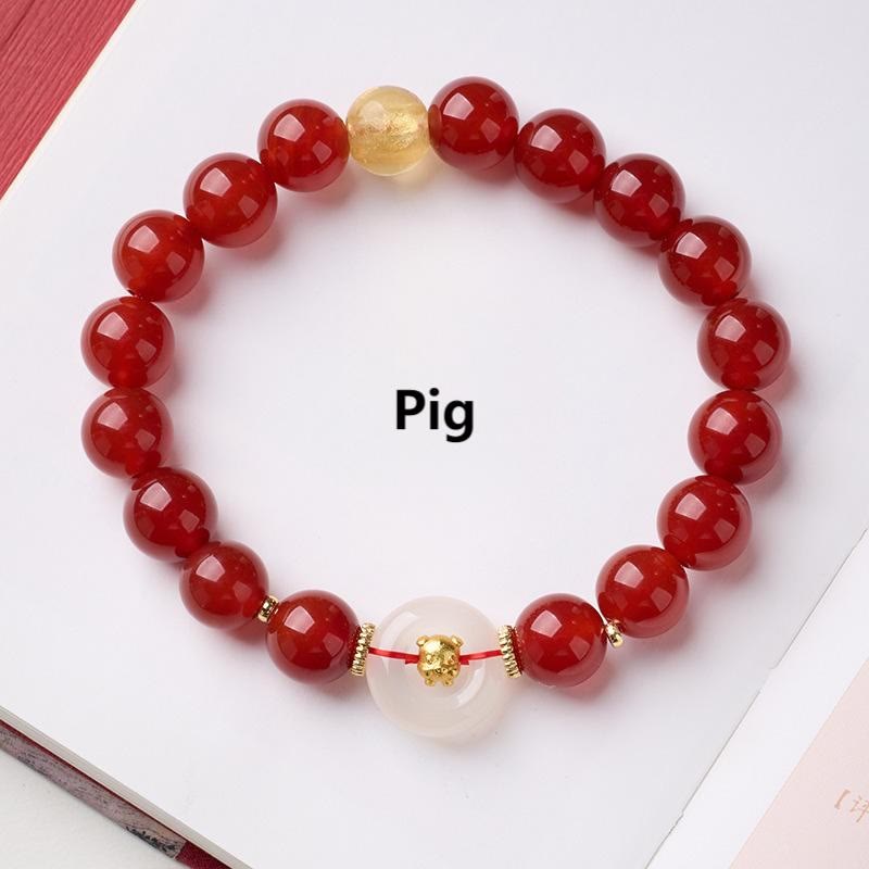 Buddha Stones ​​Chinesisches Tierkreiszeichen Jahr des Pferdes Friedensschnalle Rotes Achat Weißes Chalcedon Selbstvertrauensarmband - Schwein - image 31