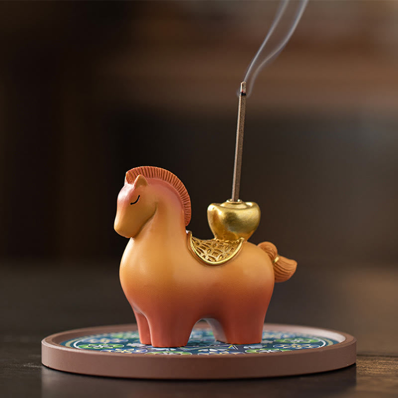 Buddha Stones ​​Jahr des Pferdes 2026 Neujahrsbarren zur Anziehung von Reichtum Heimdekoration Räuchergefäß - Räuchergefäß in Pferdeform mit blauem Sockel (10 x 10 x 6 cm) - image 3