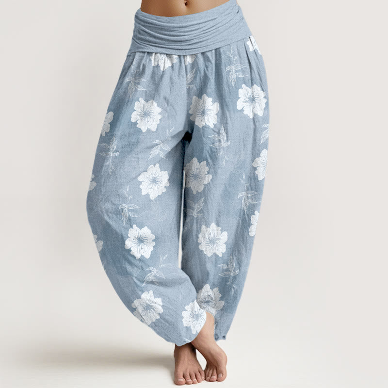 Buddha Stones, reine Baumwolle, weiße Blumen, Gras, Damen-Haremshose mit elastischem Bund - Hellblau - US16, UK/AU20, EU48 (3XL) - image 0