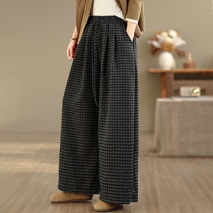 Buddha Stones Freizeit-Hose mit Karomuster, weitem Bein und Taschen für Damen - image 3